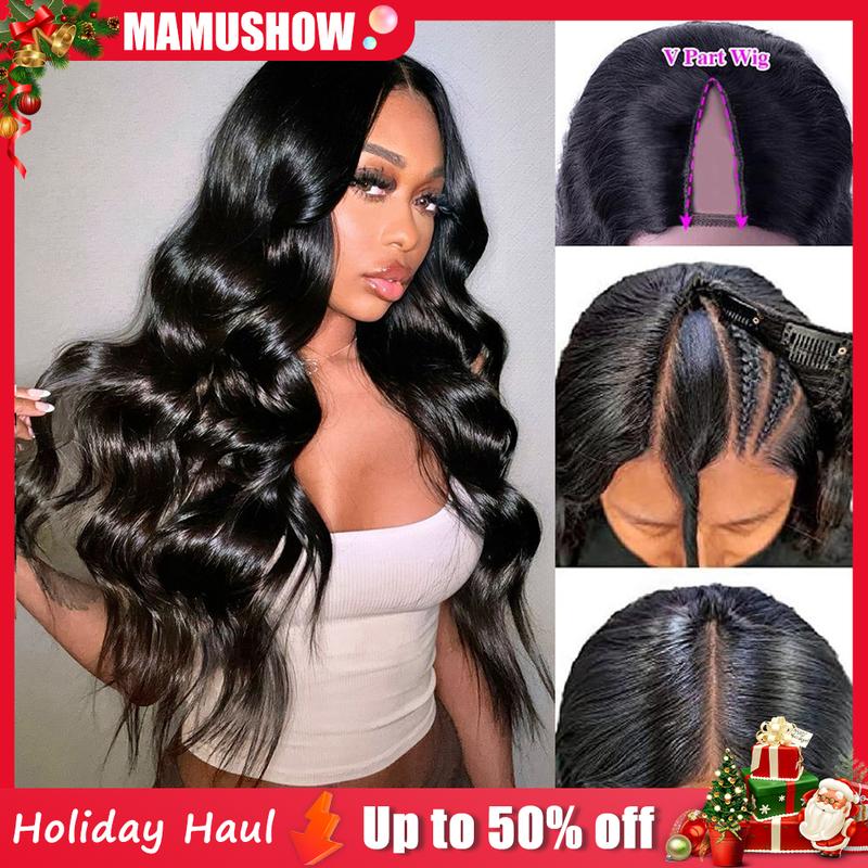 【V Part Wig No.1】Mamushow V Part Wigs With Invisible Strap Drawstring 100% Human Virgin Hair Body Wave Glueless Wig 180% Density Curly Wigs Natural Black #Tiktokshopmemorialday#Summervibes