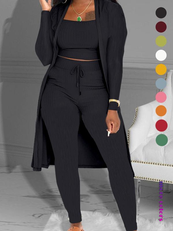 Women's Plain Knitting Long Sleeve Open Front Cardigan & Tie Front Leggings & Sleeveless Cropped Top Co-ord Set, Casual Cozy Fitted Chic Elegant Women's Outfits Clothes for Fall Womenswear