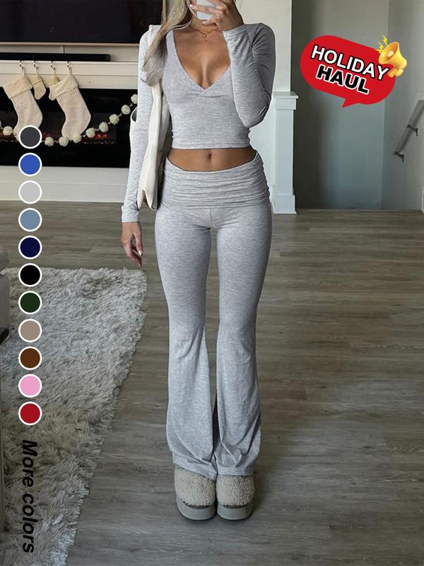 Slim-Fit Crop Top & Pants Two-Piece Set, Solid Color V-Neck Long Sleeve for Fall and Winter, Airport Outfit Womenswear
