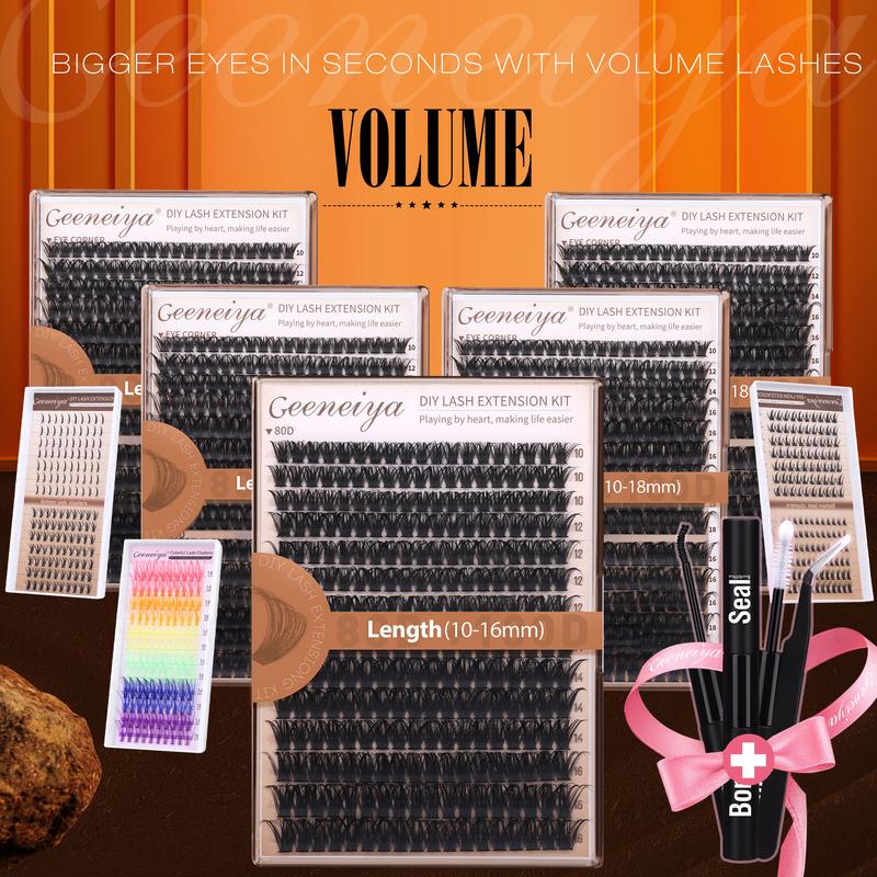Geeneiya Volume Lash Clusters Kit DIY Lash Extension Kit D Curvature Eyelash Extensions with Waterproof Lash Bond and Seal, Tweezers,10-14mm Eye Corner Eyelashes and 16-18MM Cluster Lashes (80D+100D)