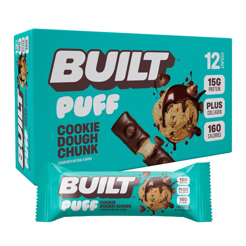 Official BUILT Bar, Puff Protein Bar Snack, Cookie Dough Chunk, Protein Packed Snack, Collagen, 160 calories, Not Gluten Free, 12 Count Box