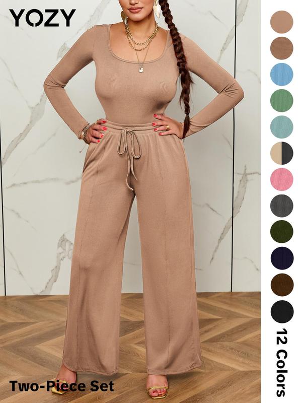 YOZY Women's Plain Ribbed Two-piece Set, Casual Square Neck Bodysuit & Drawstring Wide Leg Pants, Outfits for Ladies Outdoor Holiday, Valentine's Day Gift for Girl,Â Valentine's Day Outfit