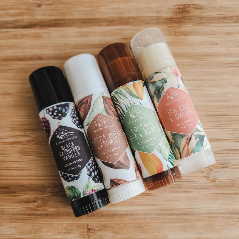 TRAVEL: Solid Body Butter For Dry Skin - Coconut Free - Body Care, Lotion - Mountain View Soap Unscented and Scent Sticks