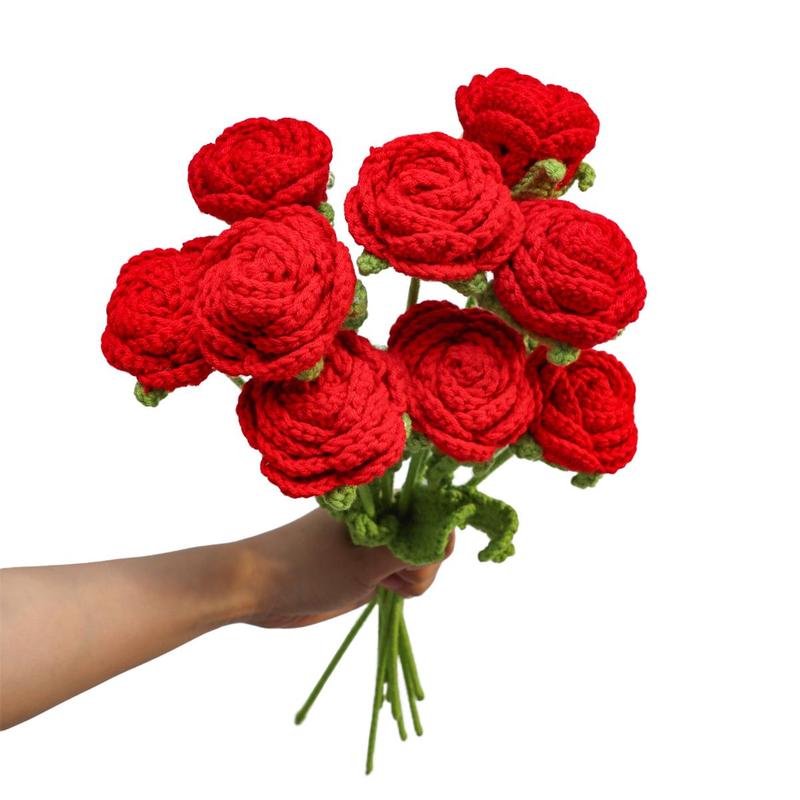 Hand-Woven Crochet Rose Bouquet, 9PCS Artificial Decorative Flowers, Graduation Gift, Valentine's Day, Mother's Day, Wedding, Anniversary, Birthday, Home Decor & Room Decoration