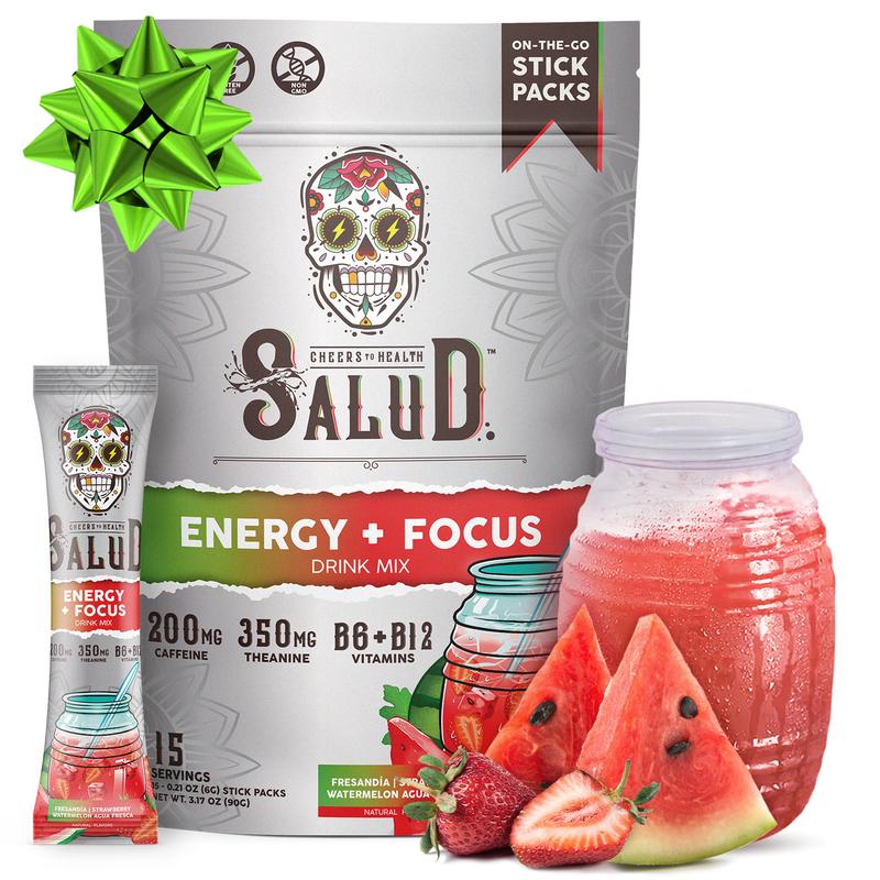 Salud 2-in-1 [Energy + Focus – Fresandía | Strawberry Watermelon] Clean Energy Drink Mix, Agua Fresca, Organic Caffeine, B6 & B12, L-Theanine, Drink Packets, Non-GMO, Gluten Free, Vegan, Low Calorie, 1g Sugar (15 Servings)