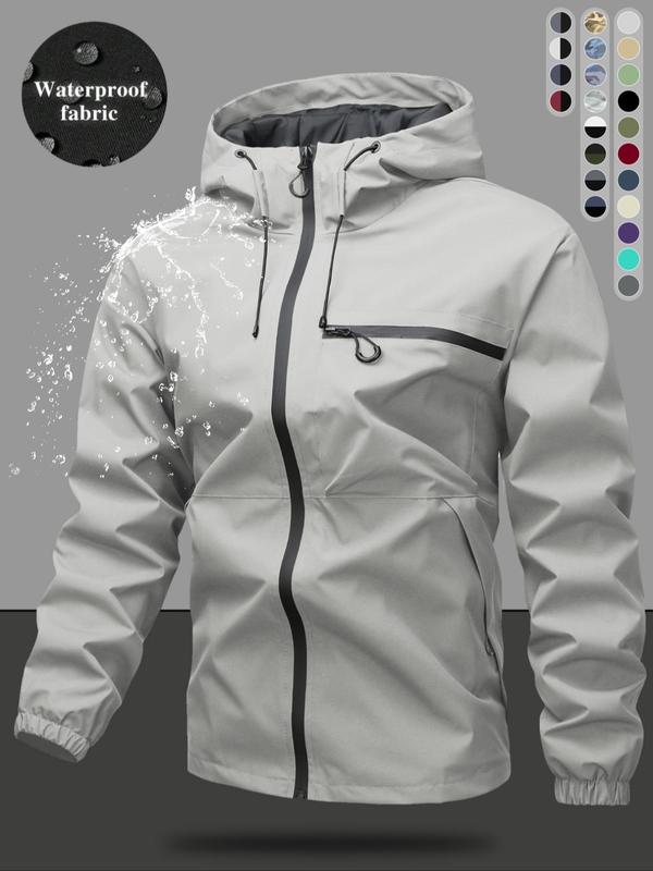Men's Plain Waterproof Fabric Windproof Drawstring Zip-Up Hooded Jacket Coats, Casual Long Sleeve Zipper Pocket Design Outerwear for Outdoor Activities, Men's Clothes for All Seasons, Casual Style Outerwear, Menswear