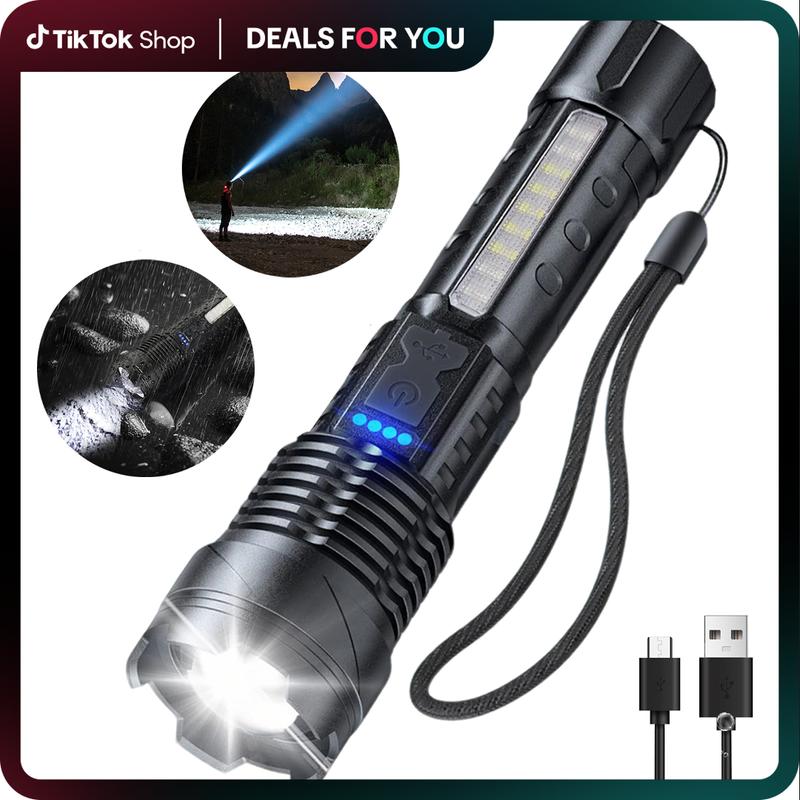 Strong Light Flashlight USB Rechargeable The Portable Highlumen flashlight.with Emergency White Light and Red & Blue Alarm Lights. Waterproof Design. Ideal for Camping, Mountaineering, Fishing, Garden, Road. Fathersdaygift Multifunctional #Summervibes