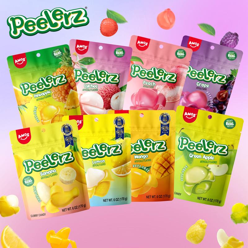 AMOS Peelerz Peelable Fruit Gummy Candy, 6 OZ – Assorted Fruit Flavors, Fun Peelable Gummies Made with Real Fruit Juice