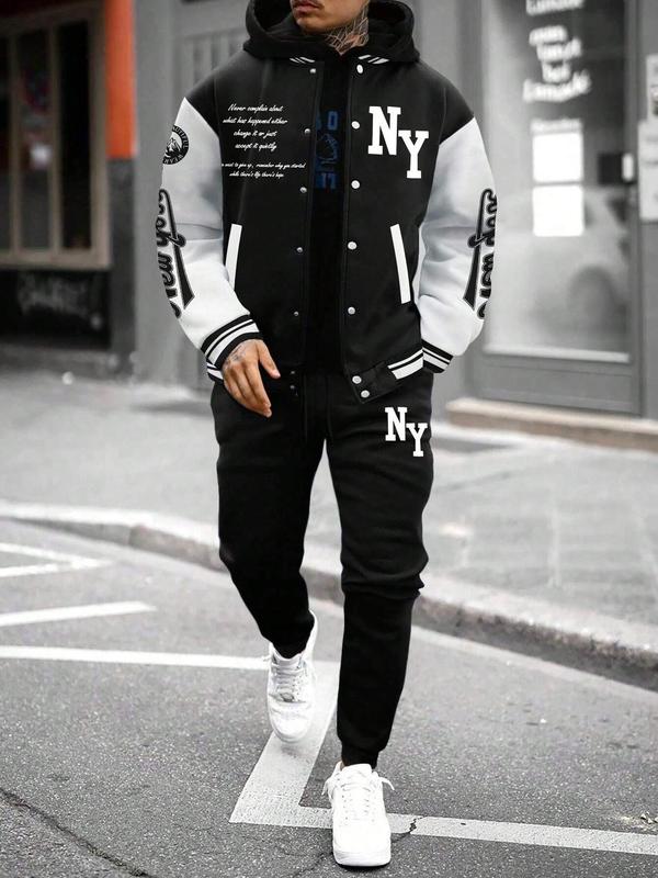 Two-Piece Set Men's Colorblock Letter Print Button Front Jacket & Drawstring Waist Sweatpants, Regular Fit Casual Long Sleeve Outerwear & Pocket Jogger Pants for Daily Wear, Men's Outfits for Fall & Winter, Menswear