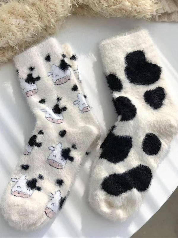 Women's Cow Print Fuzzy Mid Calf Fitted Socks, Cozy Socks, Cute Warm Crew Socks for Daily Wear, Casual Comfy Hosiery for Fall & Winter, Trendy Matching Style Jacquard Knitting Socks, Womenswear