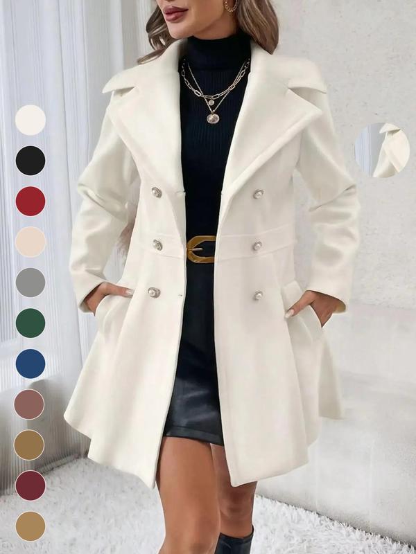 Women's Solid Double Button Pocket Overcoat, Chic Elegant Jackets Womenswear, Casual Long Sleeve Lapel Neck Outerwear for Fall & Winter, Women's Clothes for Daily Wear, Clothing for Women, Cute Tops