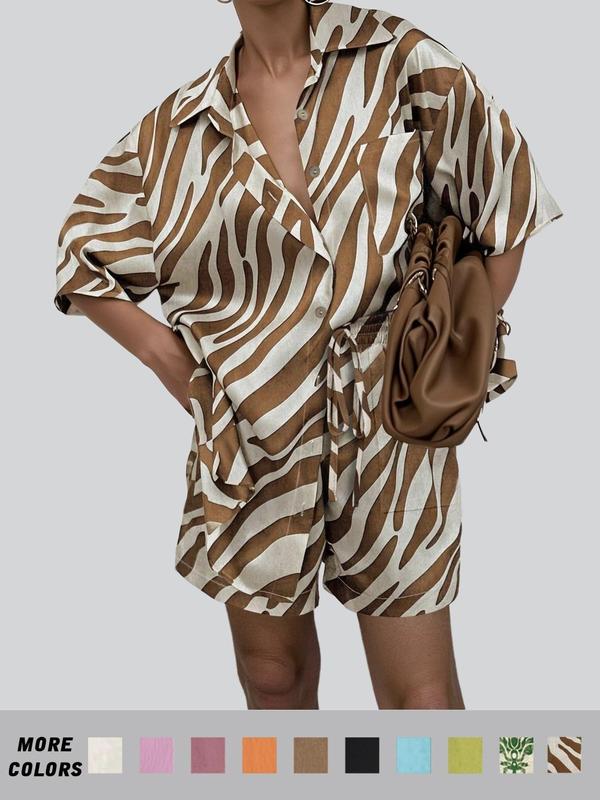 Women's Solid / All Over Print Co-ord Set, Casual Short Sleeve Button Front Collared Shirt & Tie Front Pocket Shorts Two-piece Set, Women's Clothes for Summer Daily Wear, National Day Clothing, Womenswear