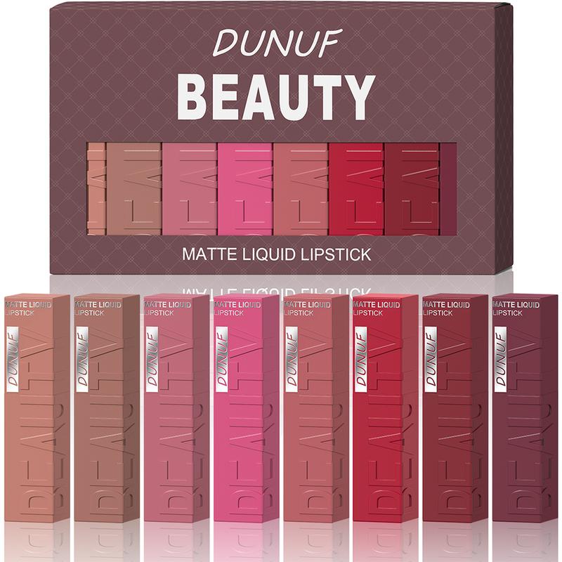 DUNUF 8-Piece Matte Lip Gloss Set - Long-Lasting, Daily, Waterproof, Sweatproof, Cup-Proof Lipstick - Easy-Application High-Quality Cosmetic Makeup Kit for Women