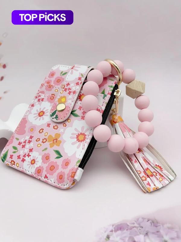 Women's Boho Beaded & Tassel Decorated Keychain with Flower Pattern Wallet, Girlfriend Gifts, Cute Trendy Keychain, Chic Gorgeous Keychain for Key & Bag, Bag Pendant