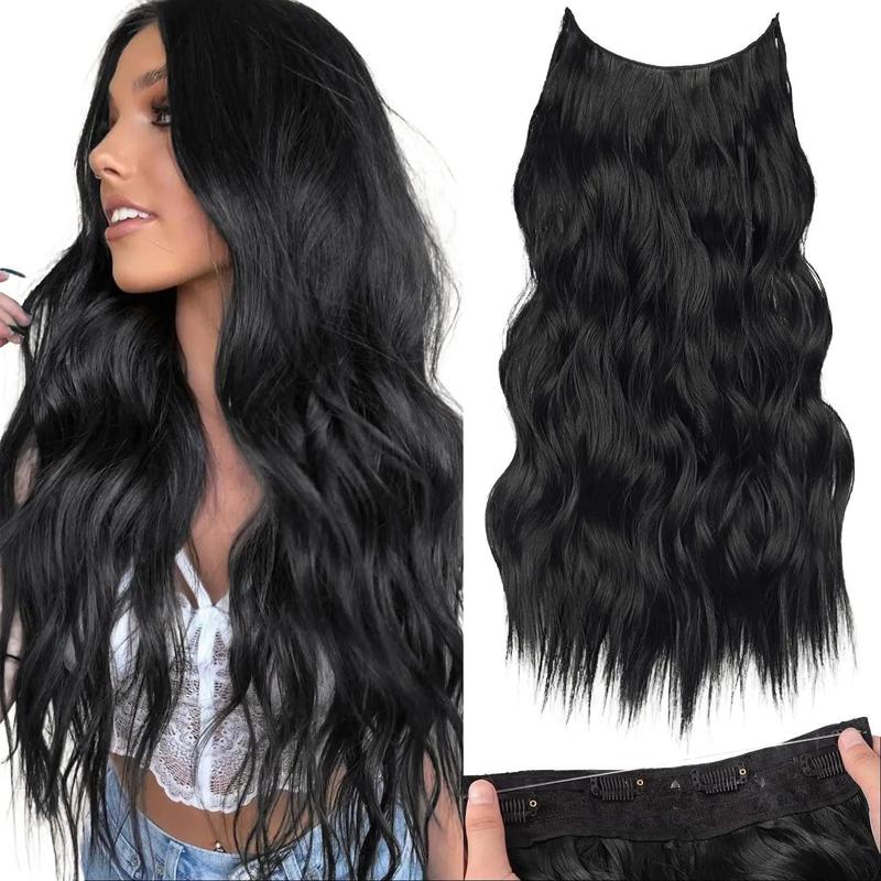 AISI HAIR 16/20/24 Inch Invisible Wire Synthetic Halo Hair Extensions Clip-On Long Wavy Hairpiece for Women Black Secure 4 Clips
