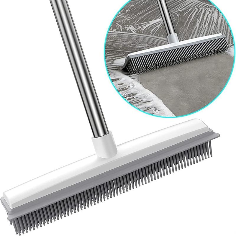 2 in 1 Broom with Squeegee Edge, 1 Count Adjustable Long Handle Soft Rubber Bristle Broom for Outdoor Indoor, Carpet Brush for Pet Cat Dog Hair Removal, House Cleaning Tools