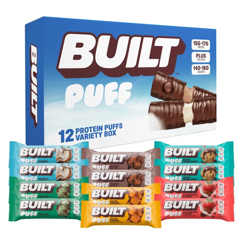 Official BUILT Bar, Puff Protein Bar Snacks, Mixed Variety Box, 15g-17g Protein, 140-160 Calories, Collagen, Soft, Marshmallow-y Texture, 12 Count Box