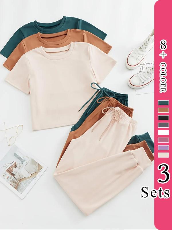 Women's Solid Short Sleeve Tee & Drawstring Pants Lounge Sets, Summer Clothes, Halloween Print Lounge Sets, Back-to-school Clothing, Sleepwear for Women, Pajamas Sets, Halloween Pajamas, Pajama Sets Women, Black Girl Wear