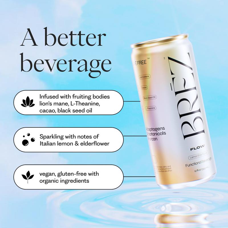 BRĒZ FLOW Social Tonic - Microdosed Mushrooms in a Can - Functional Beverage w/ Lion’s Mane, L-Theanine & Natural Ingredients - Sparkling Lemon Elderflower Drink (12oz) Vegan, Non-GMO, Gluten-Free