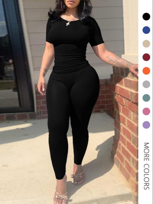 Women's Plain Pants Two-piece Set, Casual Short Sleeve Round Neck Tee & Leggings Set, Back To School Outfits, Workout Set, Gym Clothes, Lady Basic Fitness Fall Clothes for Daily Wear, Birthday Gifts, Outfit Sets for Women, 2 Piece Sets Women, Clothing
