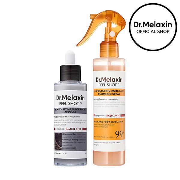 [Dr.Melaxin Official] Body & Face Peel Shot Duo - Glow Rice Peeling Ampoule Gentle Exfoliant Korean Radiant Skin Care Pure Kojic Acid & Turmeric