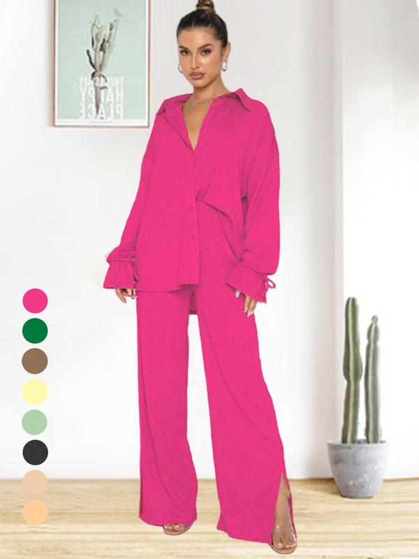 Women's Solid Color Collared Button-Up Shirt with Split Pants Set Outfit, Casual Ruffle Sleeve Top and High Waist Wide Leg Trousers for Spring Summer Style