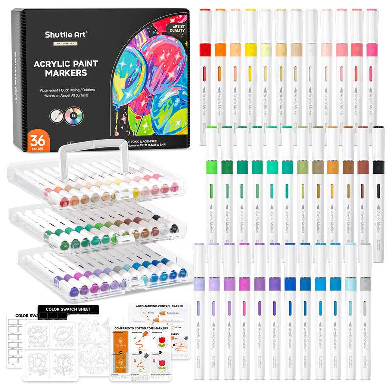 Shuttle Art Automatic Ink Control Acrylic Paint Markers, 24/36/60 Colors Brush Tip Acrylic Paint Pens for Rock Painting, Ceramic, Wood, Canvas, Glass, Stone, Fabric, Card Making, DIY & Art Supplies modelpaintingmarkers,Pastel,Metallic