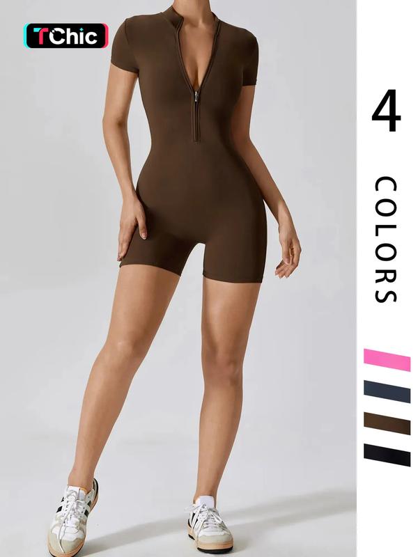 Fashion Zipper Sporty Yoga Jumpsuit Short Playsuit Women Romper Short Sleeve Gym Fitness Overalls One Piece Sports Suit Unitard