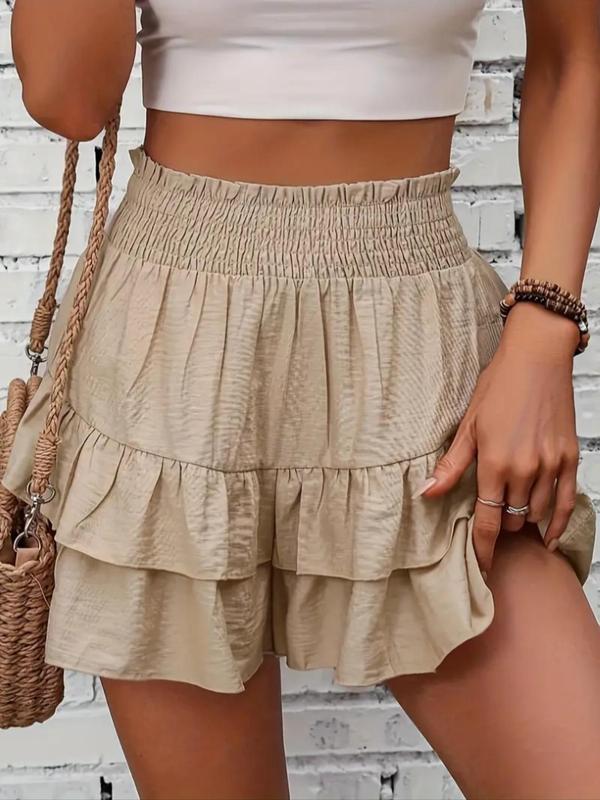 Women's Frill Trim Ruffle Hem Shirred High Waist Shorts, Boho Casual Tiered Layer Shorts for Spring & Summer, Ladies Bottoms for Daily Wear, Womenswear, Rara Skirts, Fit, Vibe