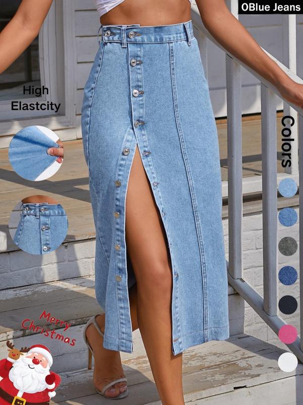 OBlue Jeans Women's  Button Front Light Wash Denim Split Hem Skirt, Casual Fashion Fitted Skirt for Daily Wear, Ladies Bottoms for All Seasons, Button Fly Skirt, T-Chic