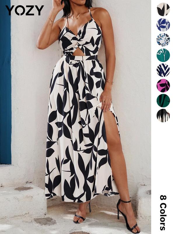 YOZY Leaf Print Backless Cut Out Twist Dress, Dresses for Women, Elegant Halter Neck Tie Dress, 2024 Women's Vacation & Holiday Wear for Summer's Beach, Fall & Winter Clothes