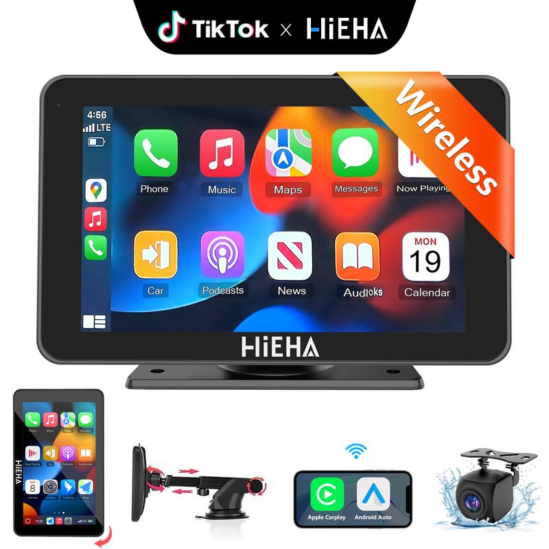 ãHiEHA | Stock Up & Mother's Day Giftã2026 Upgraded Wireless Carplay Stereo with Suction Mount, Rear Camera, Seamless Mirrorlink, Supports Landscape & Portrait Modes