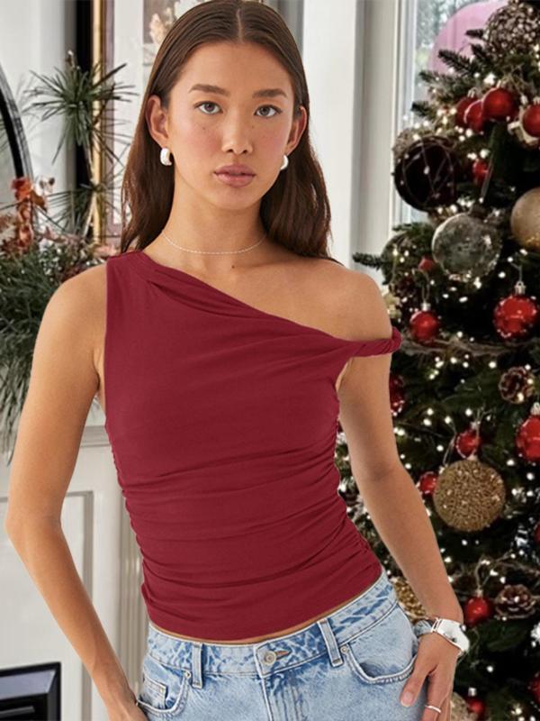 Women's Plain Ruched Asymmetrical Neck Tank Top, Fashion Casual Minimalist Sleeveless Top for Summer, Stretchy Fabric Tank Tops for Women, Ladies Slim-Fitting Clothes for Daily Wear, Women's Tops, Womenswear