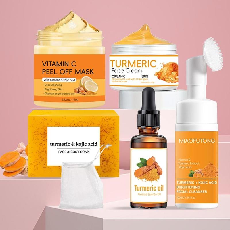 Turmeric Skin Care Kit, 6 Counts/set Including Soap & Face Cream & Mousse Cleanser & Face Oil & Vitamin C Peel Off Mask & Soap Bag, Skin Care Kit for Women & Men, Radiant #GLOBAL PICKS