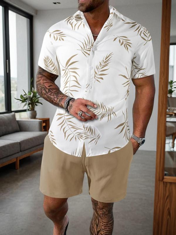 Men's Tropical Leaf Print Drawstring Waist Loose Shorts Set, Casual Collared Button Short Sleeve Top & Shorts Set, Sets for Men Clothing, Men's 2 Piece Set, National Day Clothing, Menswear