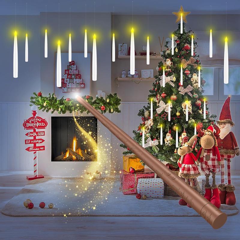 Flameless Candles with Magic Wand Remote for Christmas Decor, 6.6" Floating Candles Battery Operated Hanging Window Candles, Flickering Electric LED Candle for Christmas Halloween Decorations,summervibes