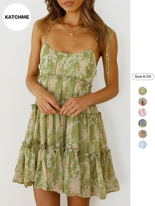 Women's Casual Slim-Fit Summer Print Floral Straps Sleeveless Short Frill Tiered Dress, Woven Moderate Fabric, Perfect for Daily Wear, Beach & Outdoor Activities, Stylish Design for Women