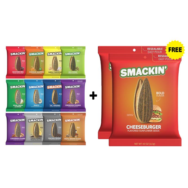 SMACKIN' Sunflower Seed 2 FREE BAGS + 12 Bag Variety Pack, Variety Flavors, Resealable 4 OZ Bags, No Salty Burn