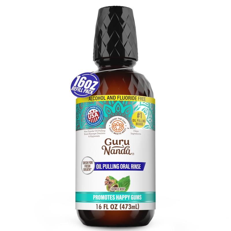 GuruNanda Refill Size CocoMint Oil Pulling Mouthwash with 7 Essential Oils & 3 Vitamins, Promotes Fresh Breath & Happy Gums, Alcohol-Free, 16 fl oz