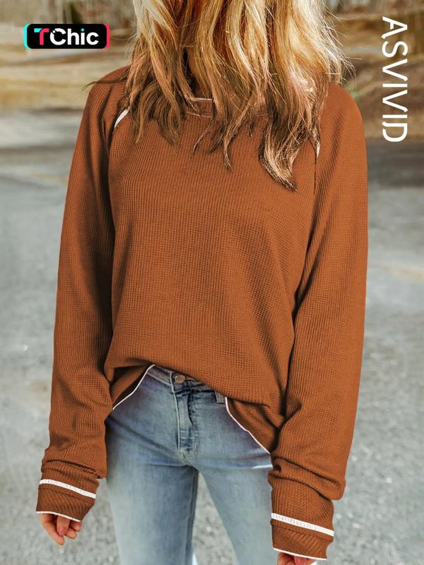 Women's Plain Contrast Binding Waffle Knit Top, Casual Raglan Sleeve Round Neck Top for Fall & Winter, Fashion Ladies' Knitwear for Daily Wear, Dressy Casual Tops