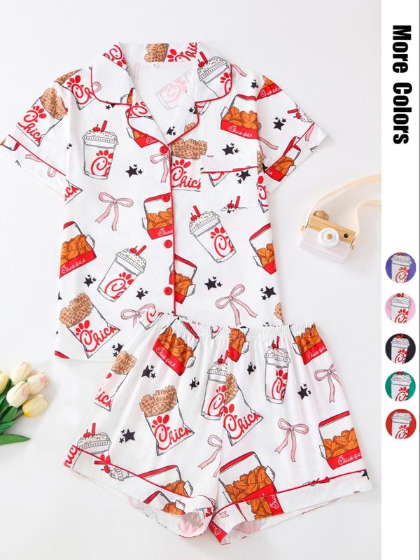 Women's Fried Chicken Print Shirt & Shorts Pyjama Two-piece Set, Casual Comfy Short Sleeve Collared Top & Shorts Pj Set, Ladies Sleepwear for All Seasons, Pajama Set