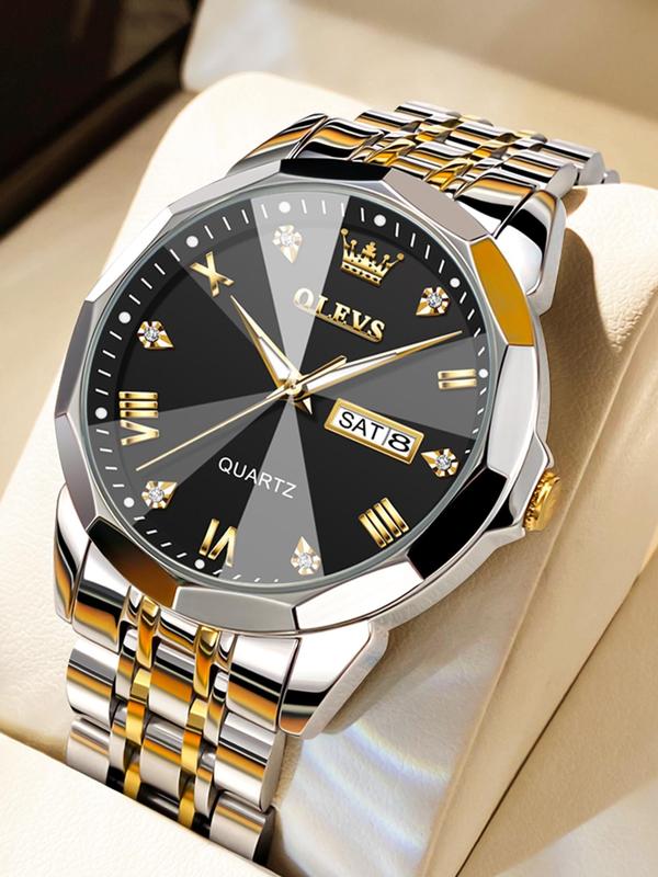 Men's Fashion Elegant Formal Analog Quartz Watch, Rhinestones Decor Wristwatch with Date & Week Display, Business Watch for Work As Gift, Watches for Men