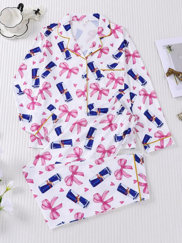 2-piece women's set with bow and heart design, long sleeve top, long pants with small pockets, comfortable, soft, skin-friendly, smooth fabric, elastic waistband, suitable for all seasons, casual loungewear, pajamas, Nightwear, Lady, Pjs, Pajama Sets