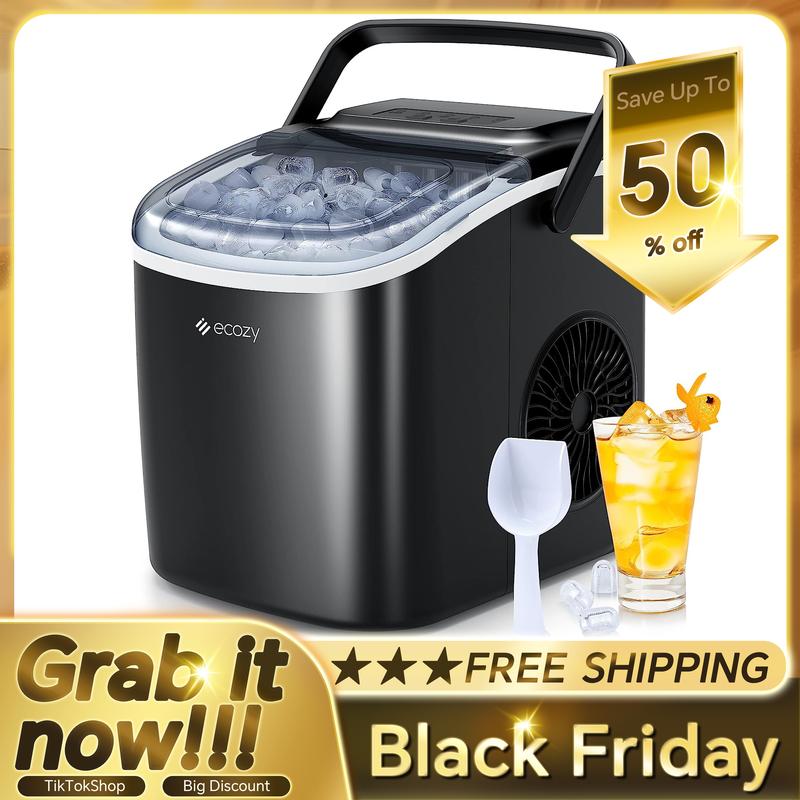 ecozy Portable Countertop Ice Maker, 8 Ice Cubes in 6 Minutes, 26 lbs Daily Output,Self-Cleaning with Ice Bags, Scoop, and Basket Kitchenware Home