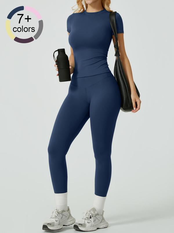 Two-Piece Set Women's Solid Ribbed Long Sleeve Tee & Leggings Sport Set, Casual Breathable Quick Drying T-shirt & Skinny Pants Set for Yoga Gym Workout Running, Ladies Sportswear for All Seasons, Sweatsuit Set, Activewear Set