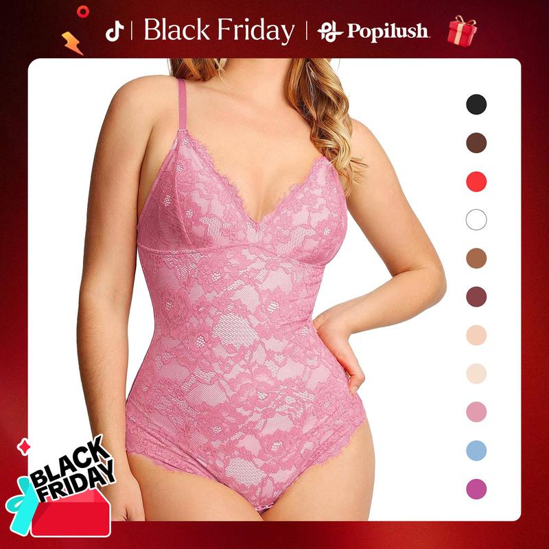Popilush Basic Full Lace Built in Shapewear Bodysuit Women Vneck Compression Sleeveless Thong Tummy Control Backless Adjustable Sexy Bodysuit Womenswear Summervibe