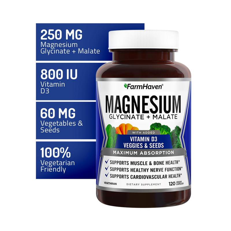 【FarmHaven】Magnesium Glycinate & Malate Complex with Vitamin D3, Supports Bone Health, Nerves, and Muscles, 60-Day Supply Dietary Supplement. Nutrition Healthcare