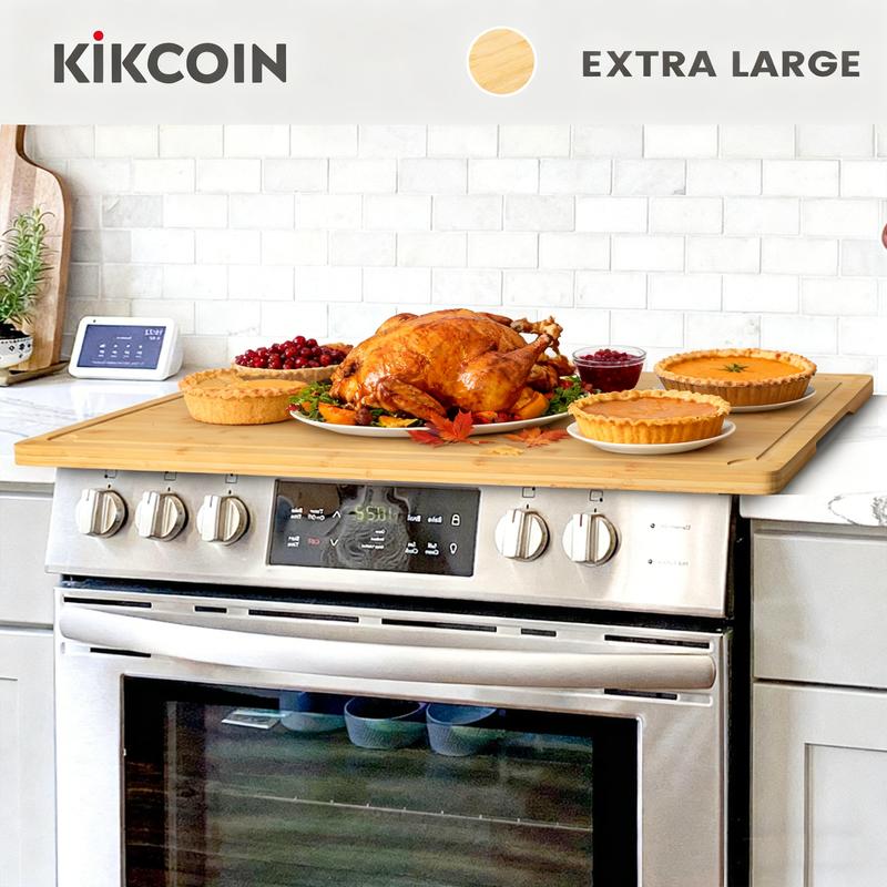 [Summer Hosting Essential]Kikcoin Game changer 4-in-1Stovetop Cover,Extra Large Bamboo CuttingBoard Pro,Charcuterie Board,Pastry,Chopping Block,Noodle Board,Oven Cover Protector,Handle,Juice Groove,turkey,Kitchen,Knives Friendly dinner,party,