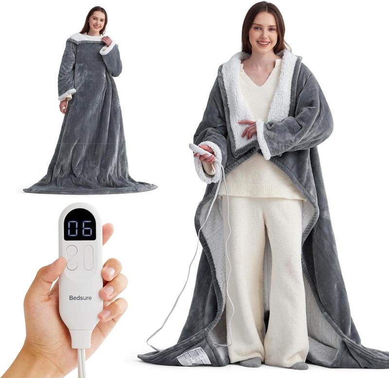 【April Stock Up】Bedsure Wearable Heated Blanket with Foot Pocket - Electric Snuggle Blanket for Adult with Sleeves, Winter Gifts for Mom Women Girlfriend, Warm Sherpa Heating Throw, Auto Shut Off, 50 x 71+18", Pink