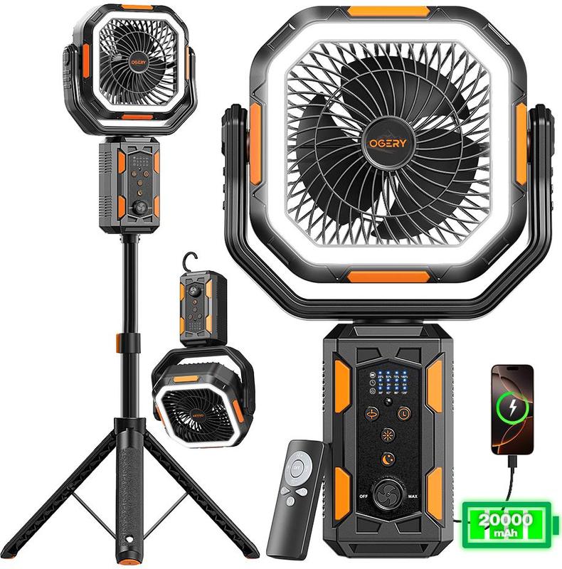 OGERY Camping Fan with Detachable Tripod, 30000mAh Rechargeable Fan with LED Lights & 270° Pivot,4 in 1 Cordless Camping Fan, Remote Control Shaking Head Desk Fan for Camping Tent Travel Bedroom Portable Motor summerwins